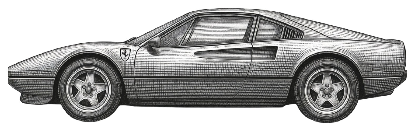Engraved side profile illustration of a classic Italian mid engined sports car