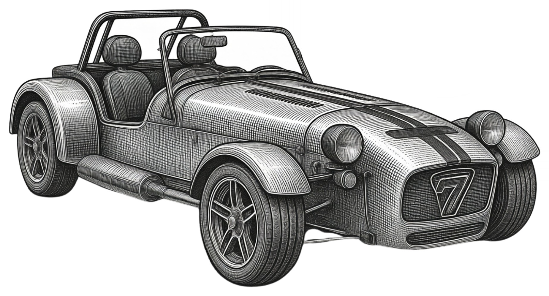 Engraved illustration of a classic Seven style open wheel roadster