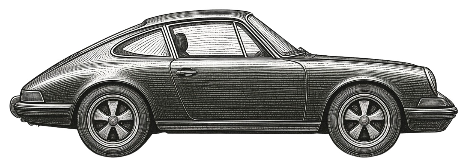 Engraved side profile illustration of a classic German rear engined sports coupe