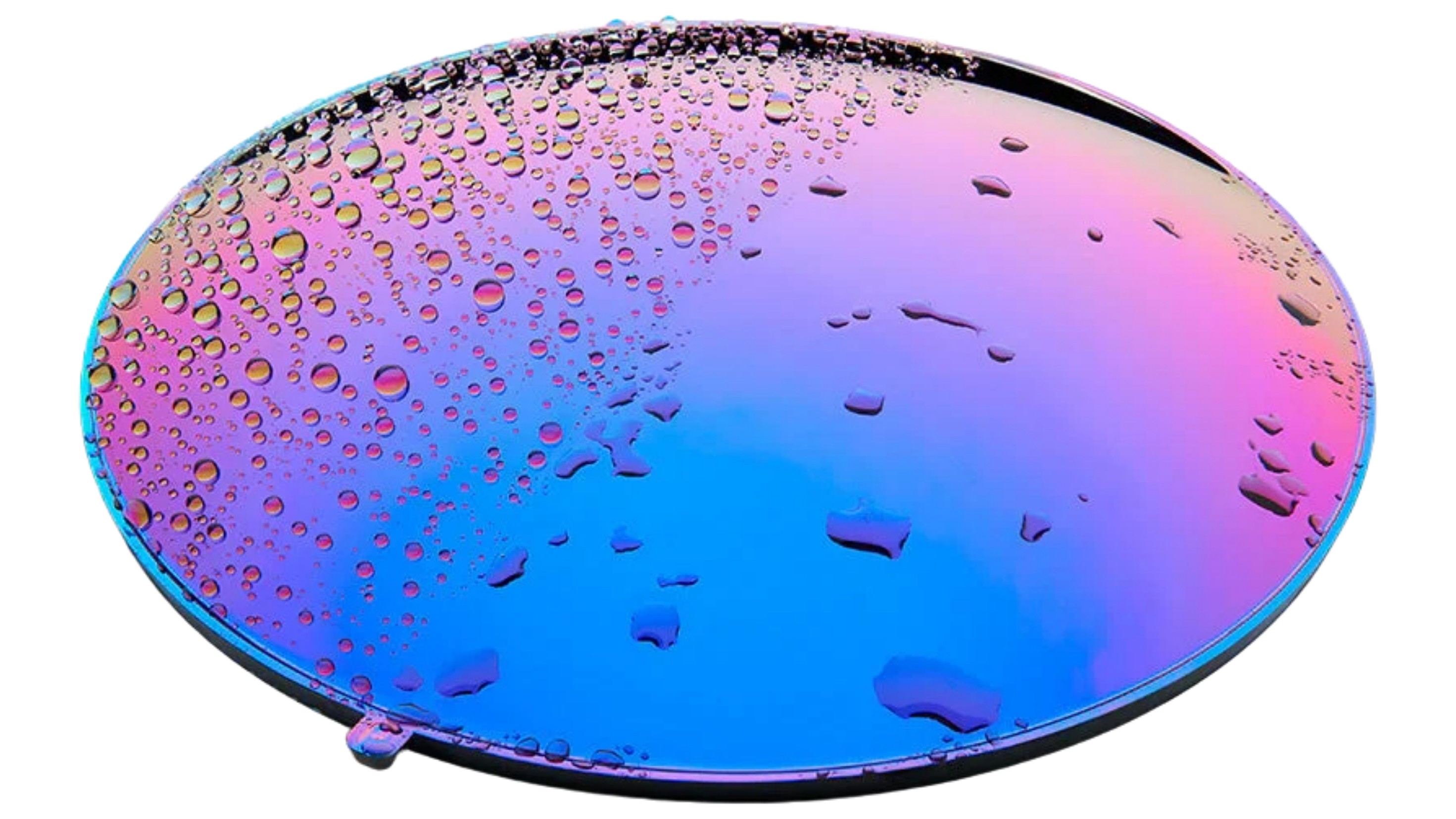 Water beading on the mirrored surface of a lens