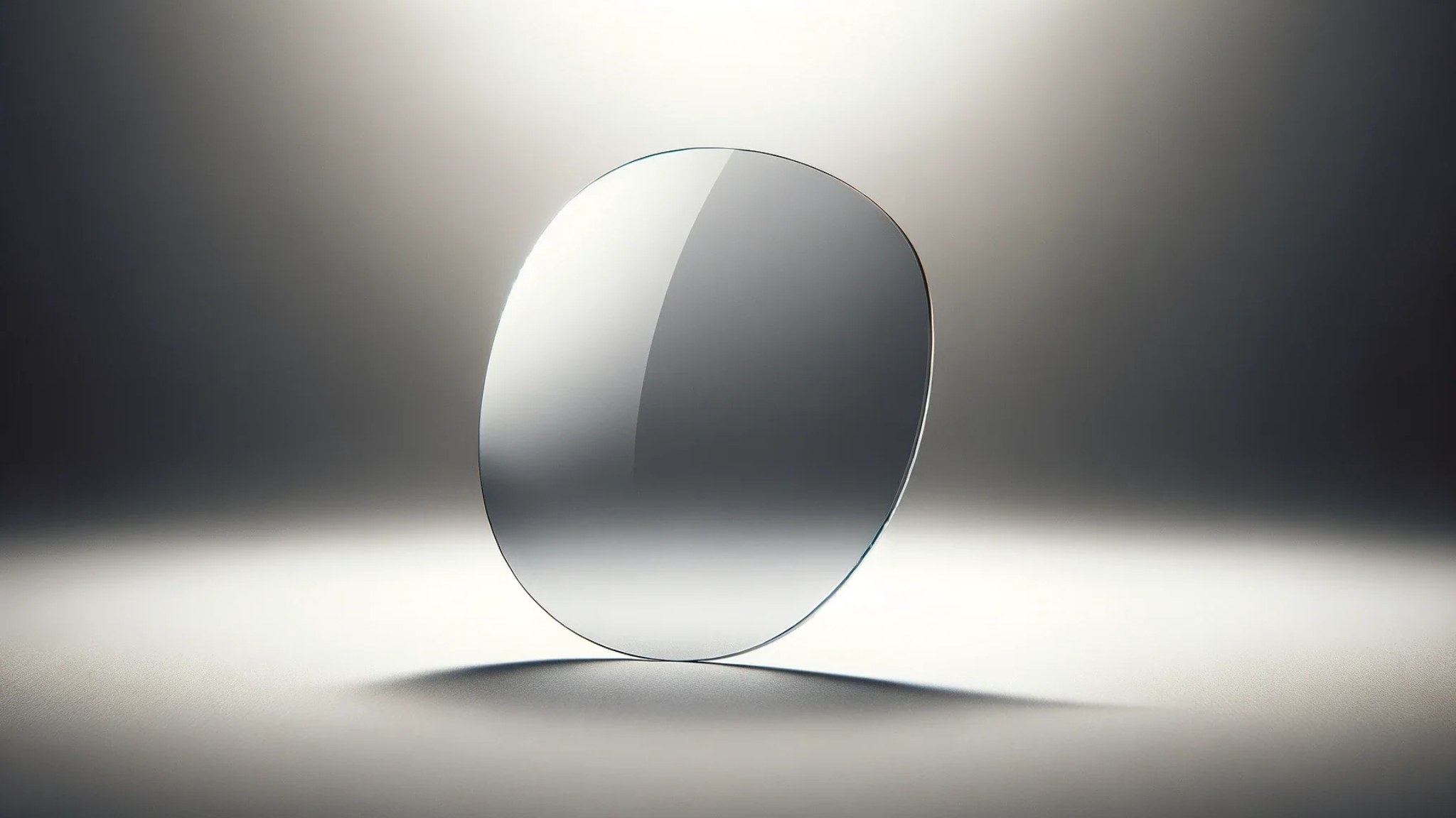 Studio render of a clear optical nylon lens standing on edge