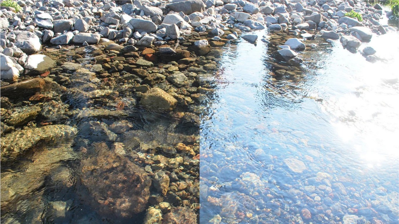 Two lens views of the same creek, one washed out by surface glare and one showing the riverbed clearly through a polarised lens